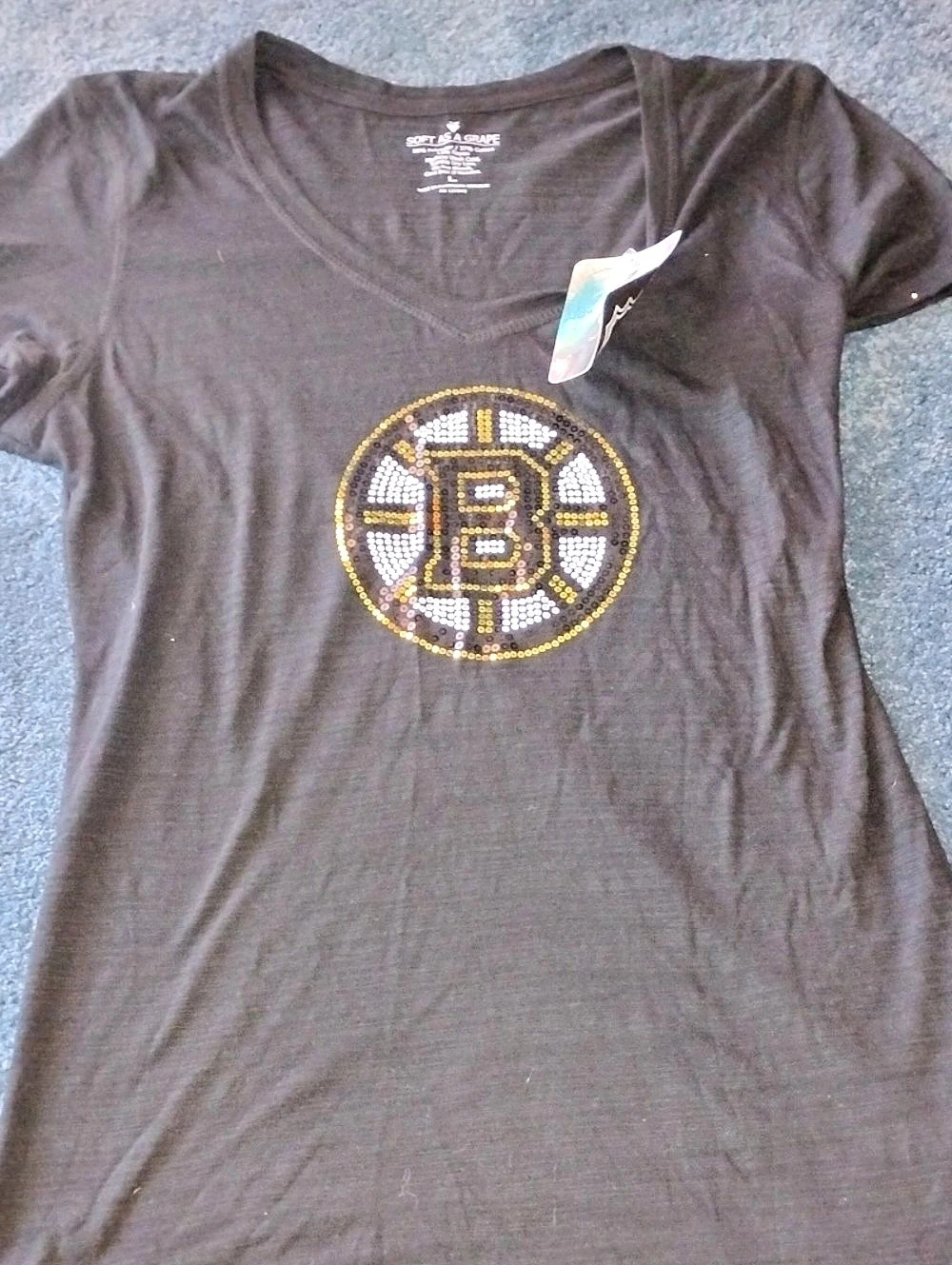 Soft As a Grape Boston Bruins Sequin Logo V-Neck T-Shirt Tee Black